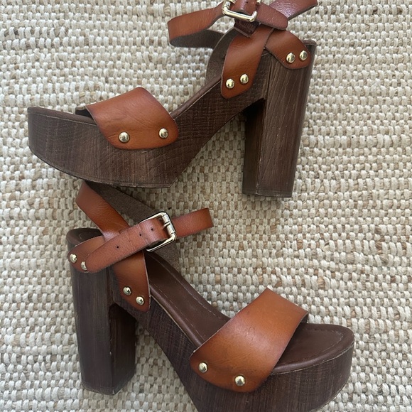 Aldo Shoes - Aldo Tan Brown Leather Platform Block Heel Sandals